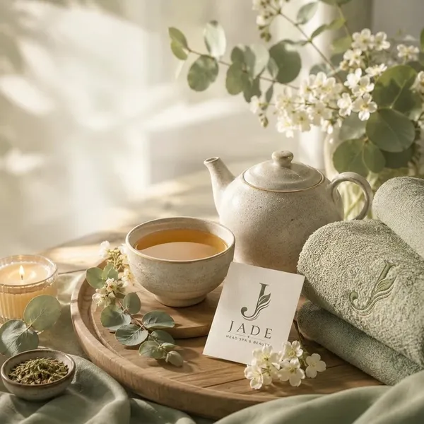 Jade Head Spa wellness setting with herbal tea and towels