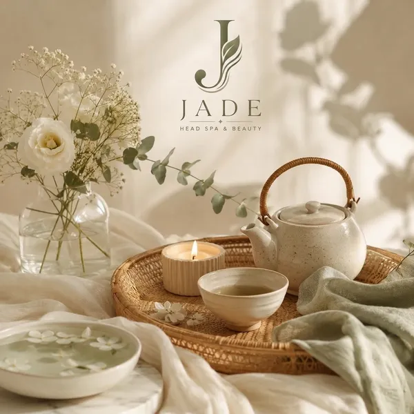 A Jade head spa and wellness still with tea and botanical flowers